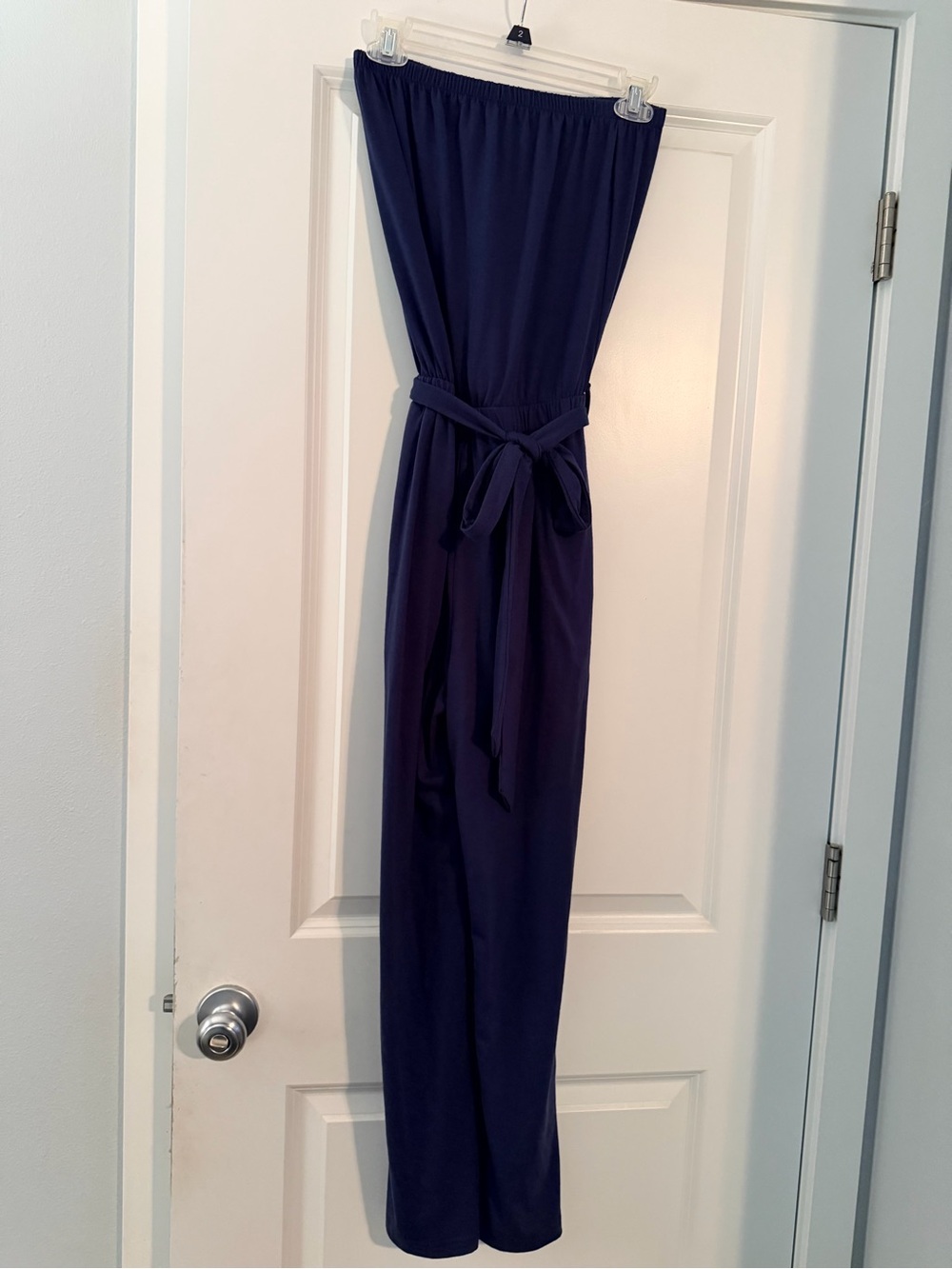 ZESICA Women’s Off Shoulder Navy Strapless Belted Wide Leg Jumpsuit Romper - Picture 9 of 13